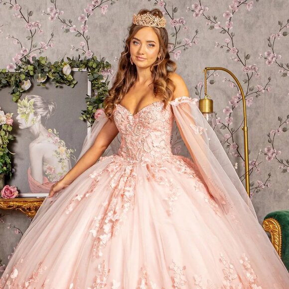 New Off Shoulder Blush Mesh Ball Gown w/ Floral Applique & Corset Bodice GL3110 - Picture 1 of 14